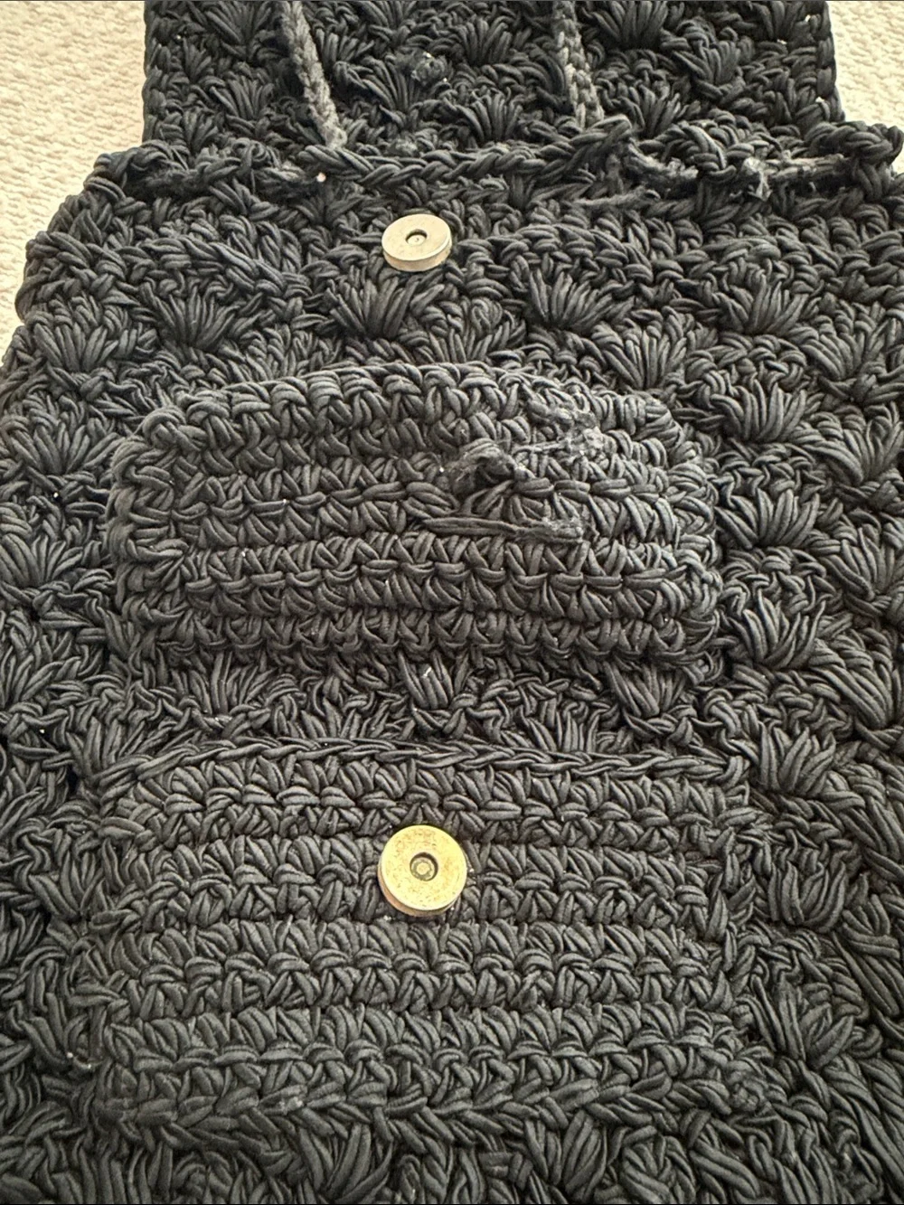 Vintage Black Floral Crocheted Drawstring Backpack Pockets Shoulder Straps Y2K
